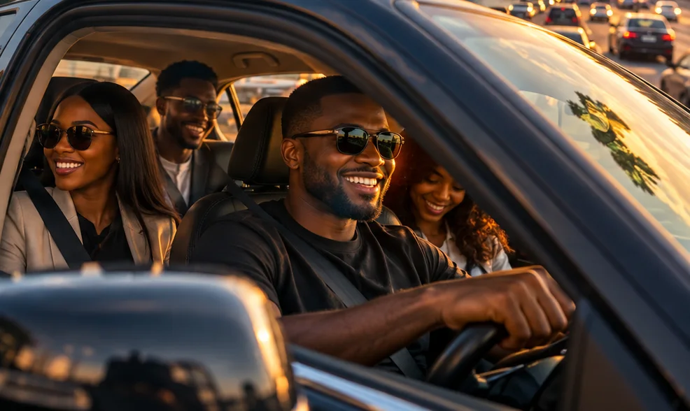 Four commuters smiling as they share a car ride through Lagos